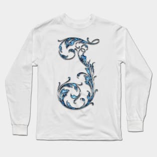 Ornate Blue Silver Letter J Long Sleeve T-Shirt